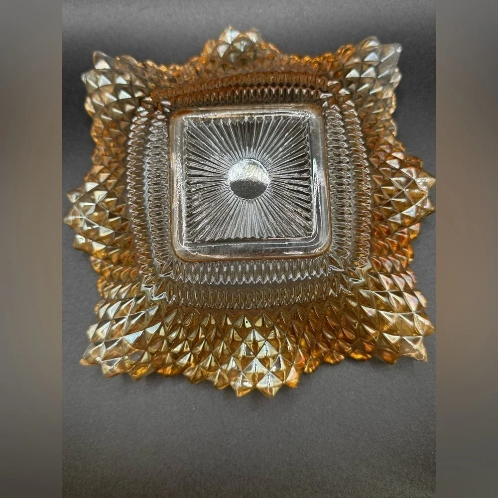 Vtg ‘60s Glass Diamond Block Ruffled Trinket Candy Nut Dish Amber Gold Ashtray